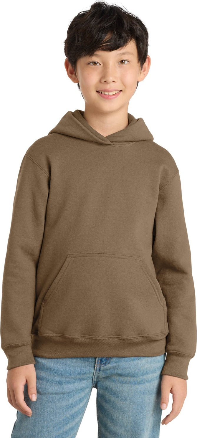 Front View of Woodland Brown Port & Co Youth Core Fleece Pullover Hooded Sweatshirt. PC90YH