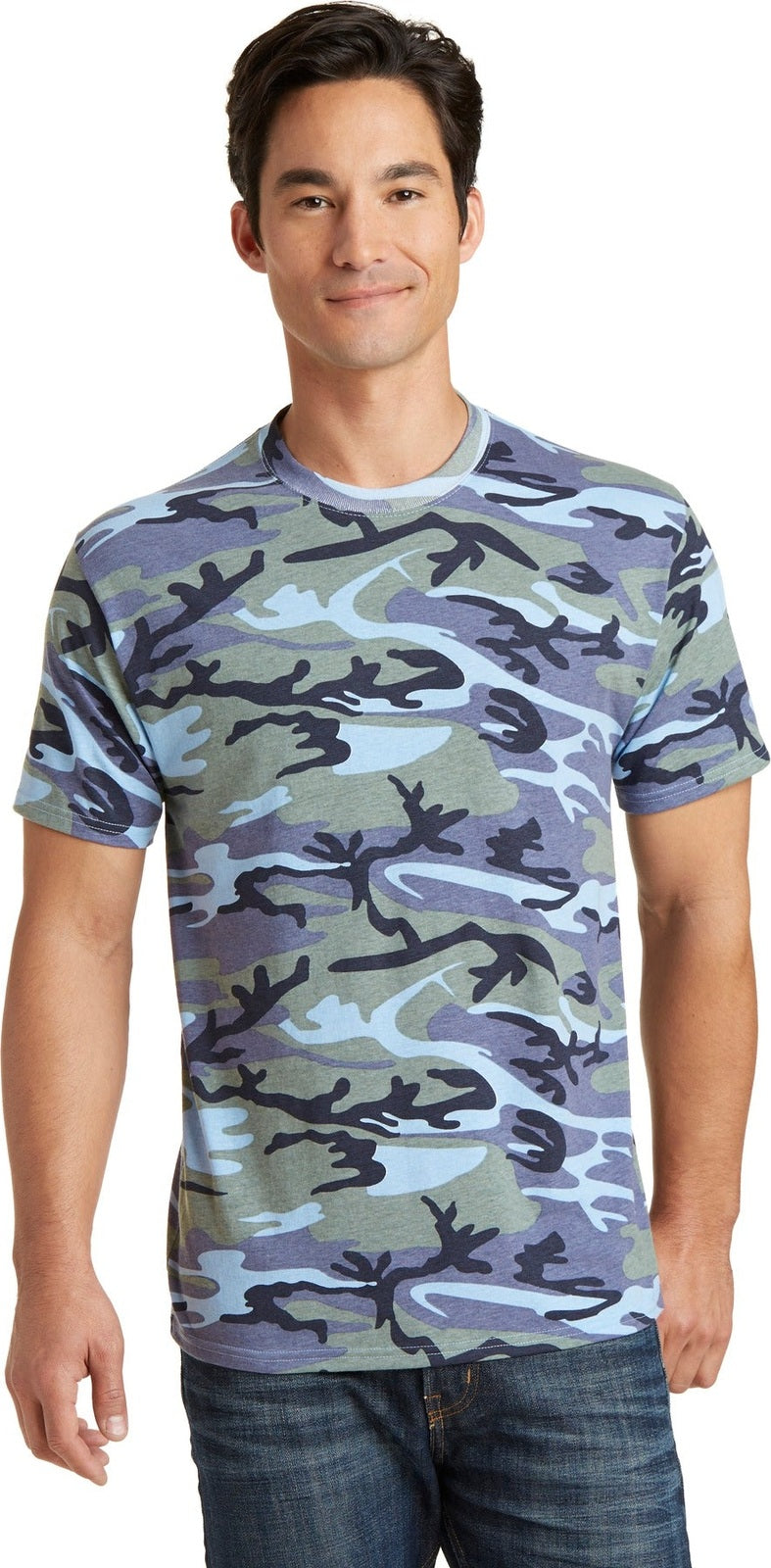 Front View of Woodlnd Blu Ca Port & Co Core Cotton Camo Tee. PC54C