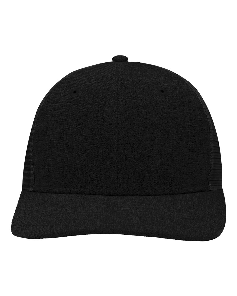 Front View of X Hatch Black/ Black Modern Six-Panel Trucker Fit Cap - SP1650