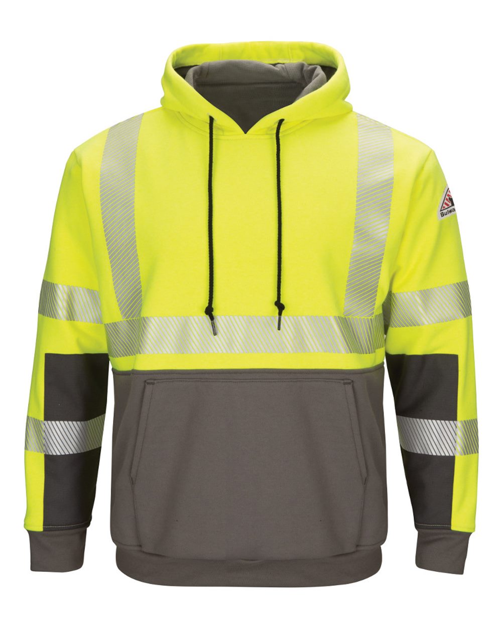 Front View of Yellow/ Green Hi-Visibility Color Blocked Pullover Hooded Fleece Sweatshirt - Tall Sizes - SMB4T