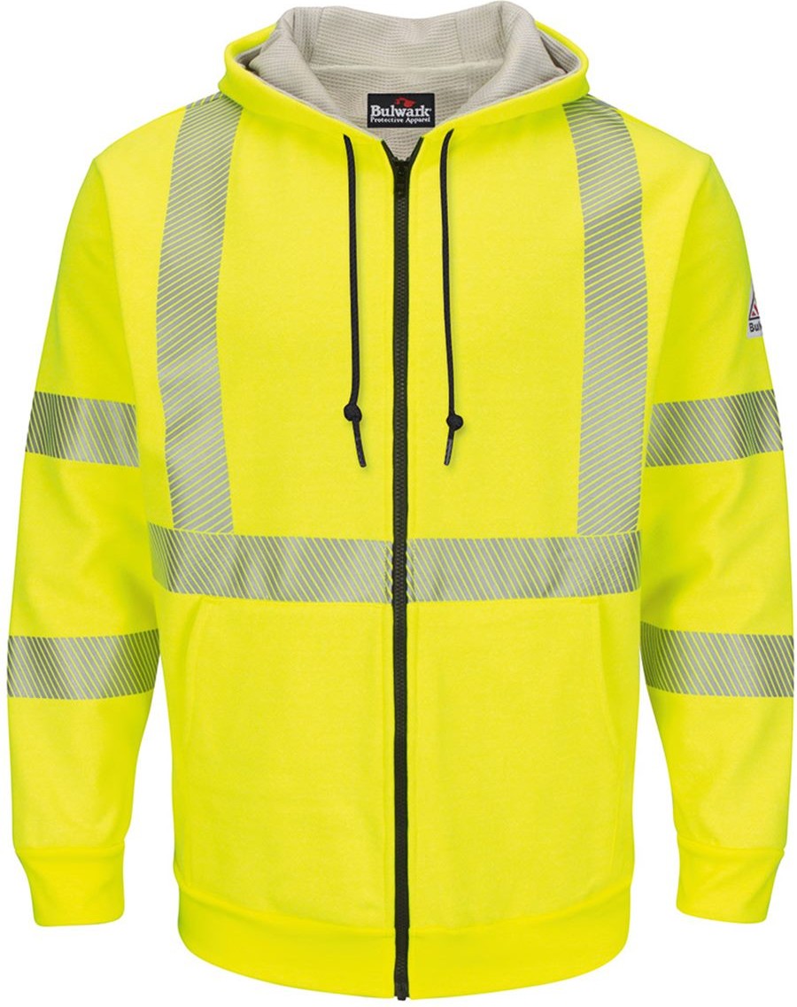 Front View of Yellow/ Green Hi-Visibility Zip-Front Hooded Fleece Sweatshirt with Waffle Lining - SMZ4HV