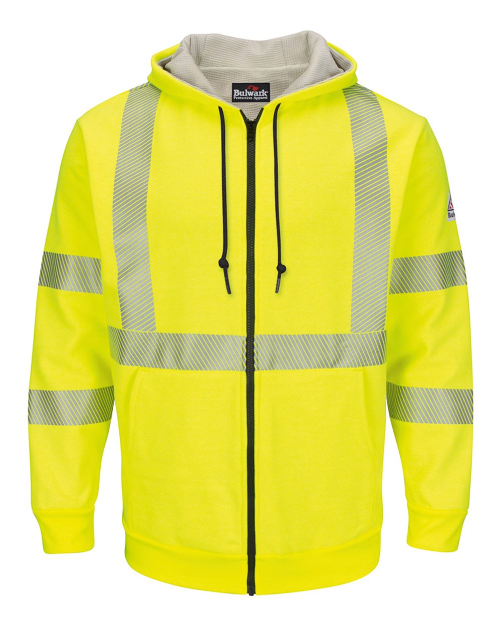Front View of Yellow/ Green Hi-Visibility Zip-Front Hooded Fleece Sweatshirt with Waffle Lining - Tall Sizes - SMZ4HVT