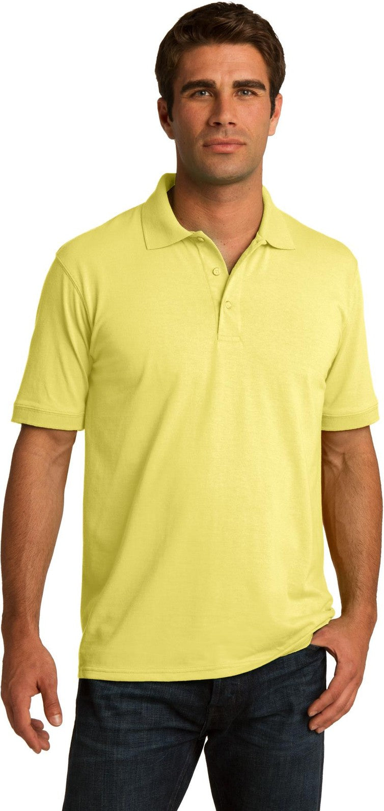 Front View of Yellow Port & Co Core Blend Jersey Knit Polo. KP55