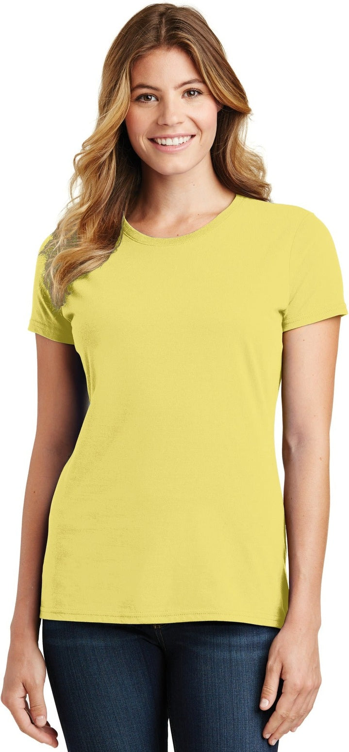 Front View of Yellow Port & Co Women's Fan Favorite Tee. LPC450
