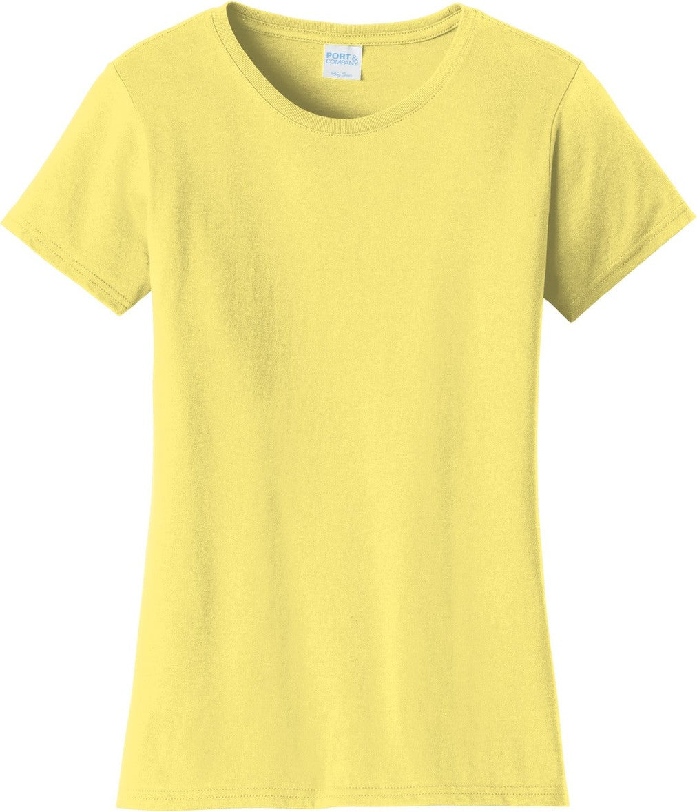Front View of Yellow Port & Co Women's Fan Favorite Tee. LPC450