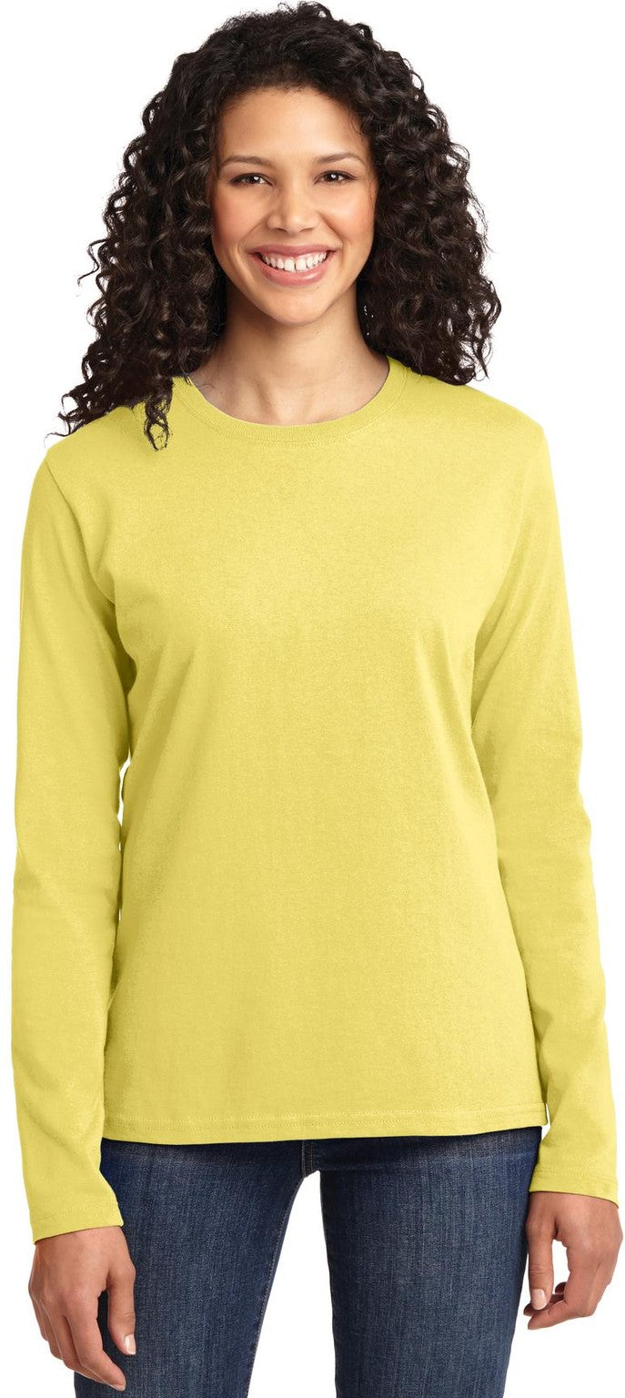 Front View of Yellow Port & Co Women's Long Sleeve Core Cotton Tee. LPC54LS