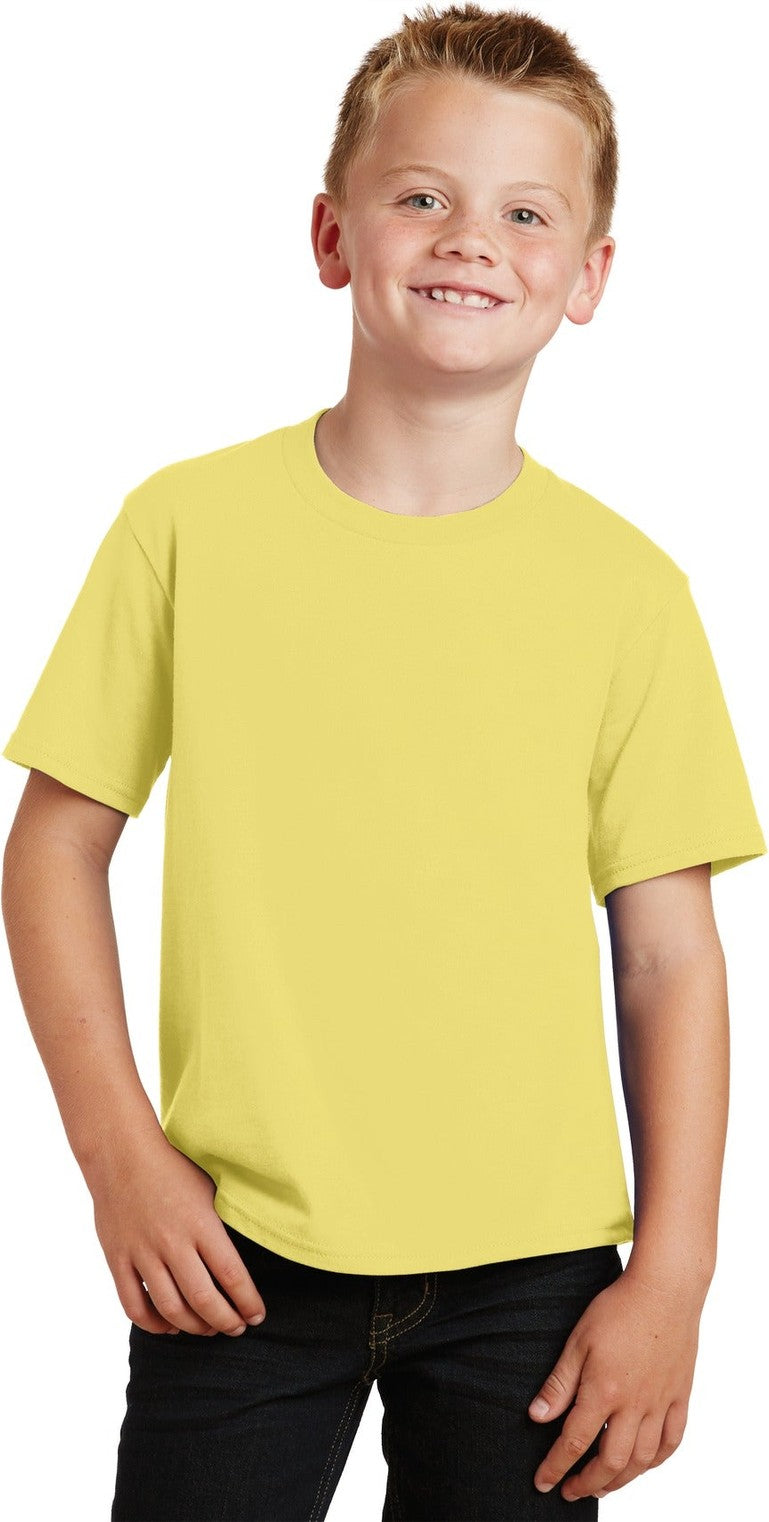 Front View of Yellow Port & Co Youth Fan Favorite Tee. PC450Y