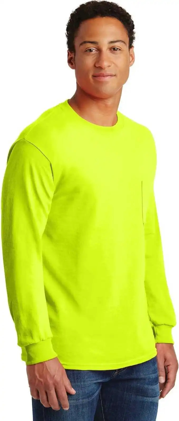 Gildan 2410 Ultra Cotton 100% Long Sleeve t Shirt with Pocket Safety Green