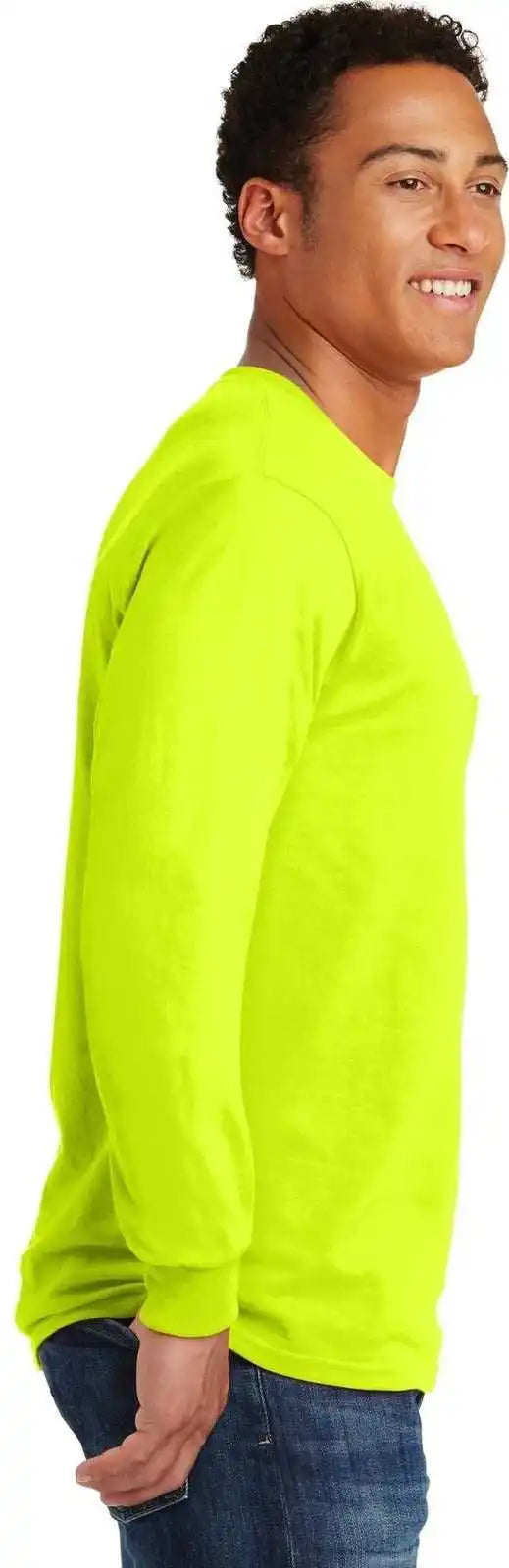 Gildan 2410 Ultra Cotton 100% Long Sleeve t Shirt with Pocket Safety Green