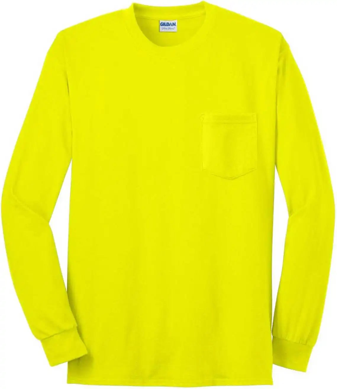 Gildan 2410 Ultra Cotton 100% Long Sleeve t Shirt with Pocket Safety Green