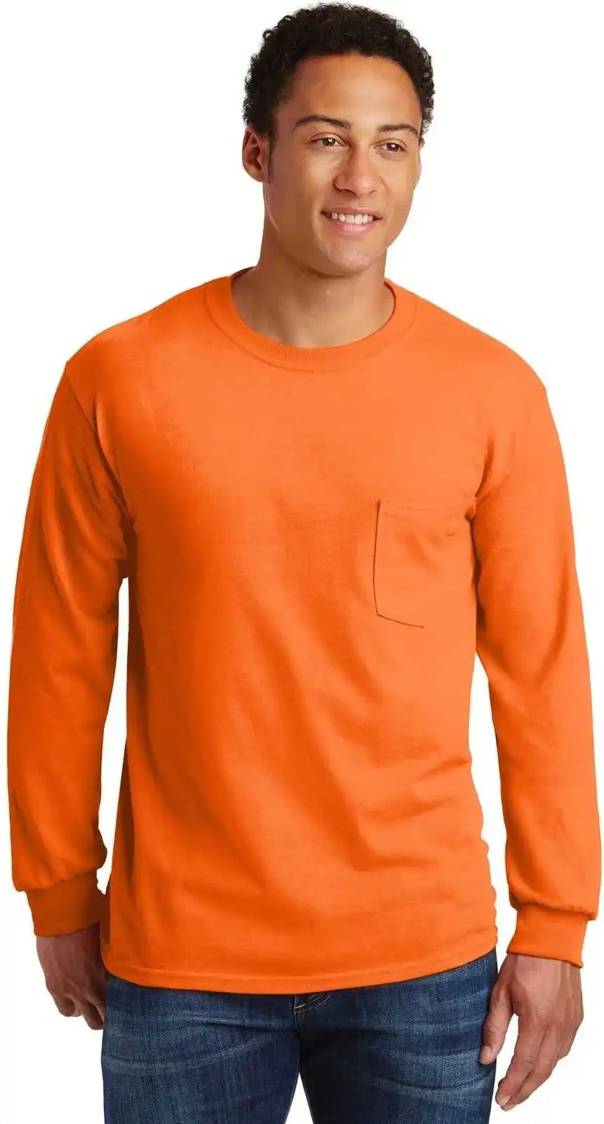 Gildan 2410 Ultra Cotton 100% Long Sleeve t Shirt with Pocket S. Orange