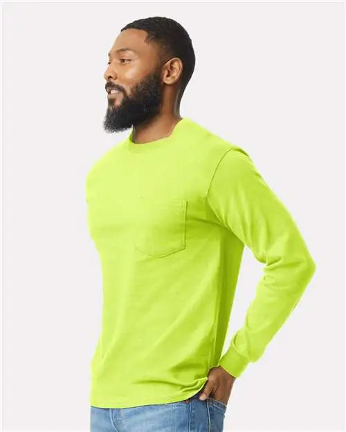 Gildan 2410 Ultra Cotton® Long Sleeve Pocket T-shirt - Safety Green