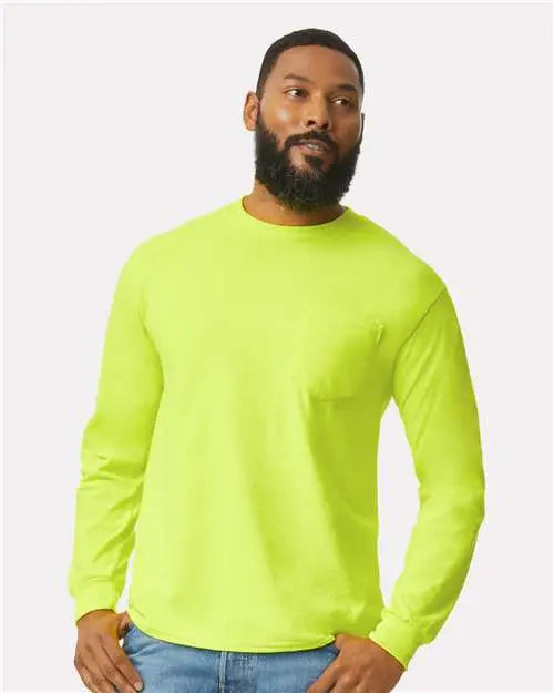 Gildan 2410 Ultra Cotton® Long Sleeve Pocket T-shirt - Safety Green