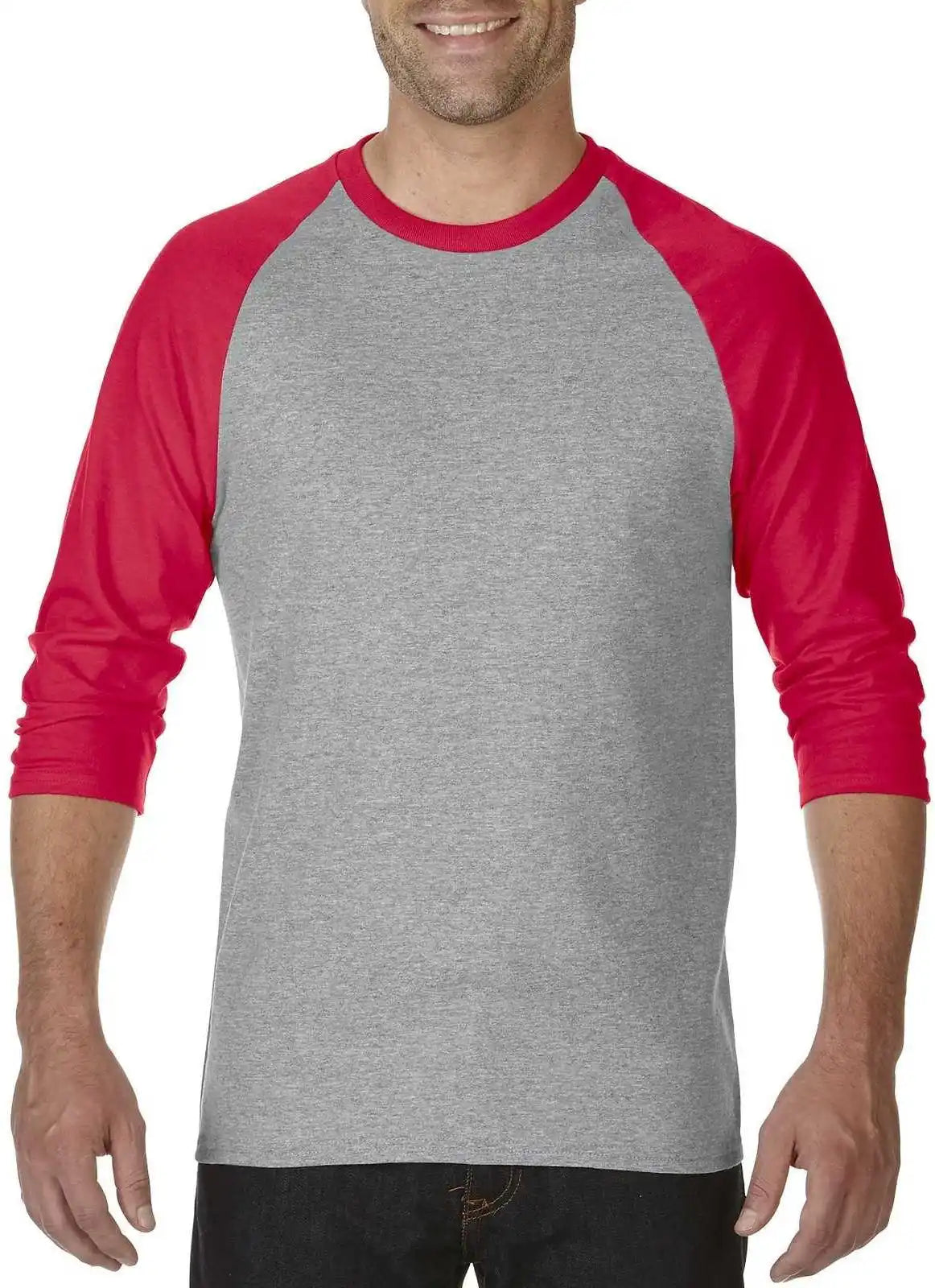 Gildan 5700 Heavy Cotton™ 3/4 Sleeve Raglan t Shirt Sport Grey/red
