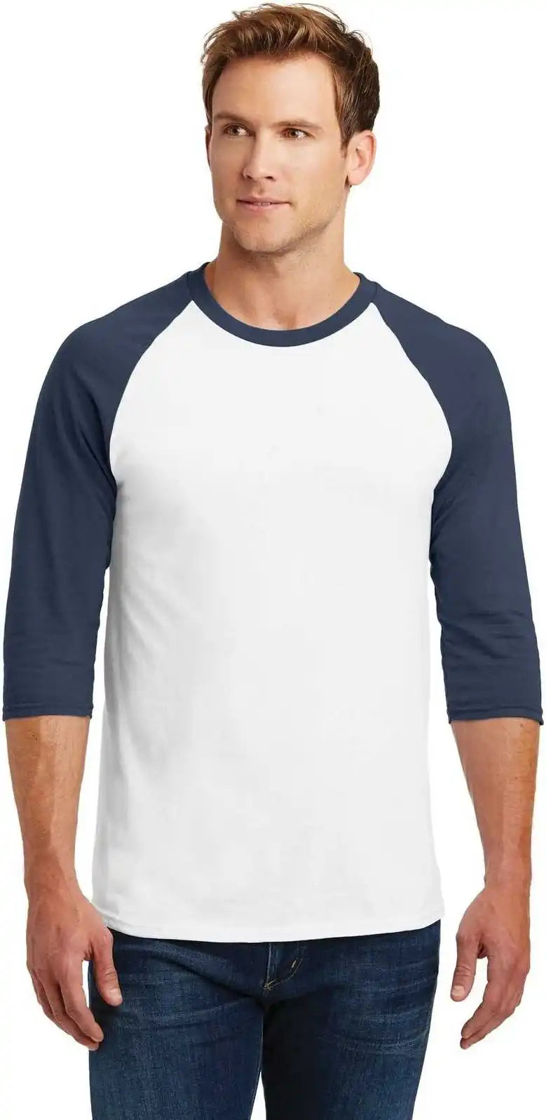 Gildan 5700 Heavy Cotton™ 3/4 Sleeve Raglan t Shirt White Navy