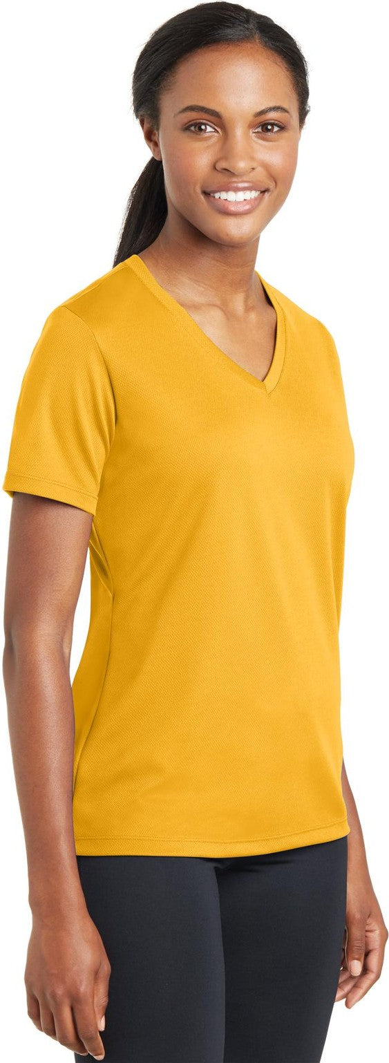 Gold Sport-Tek Women's PosiCharge RacerMesh V-Neck Tee. LST340