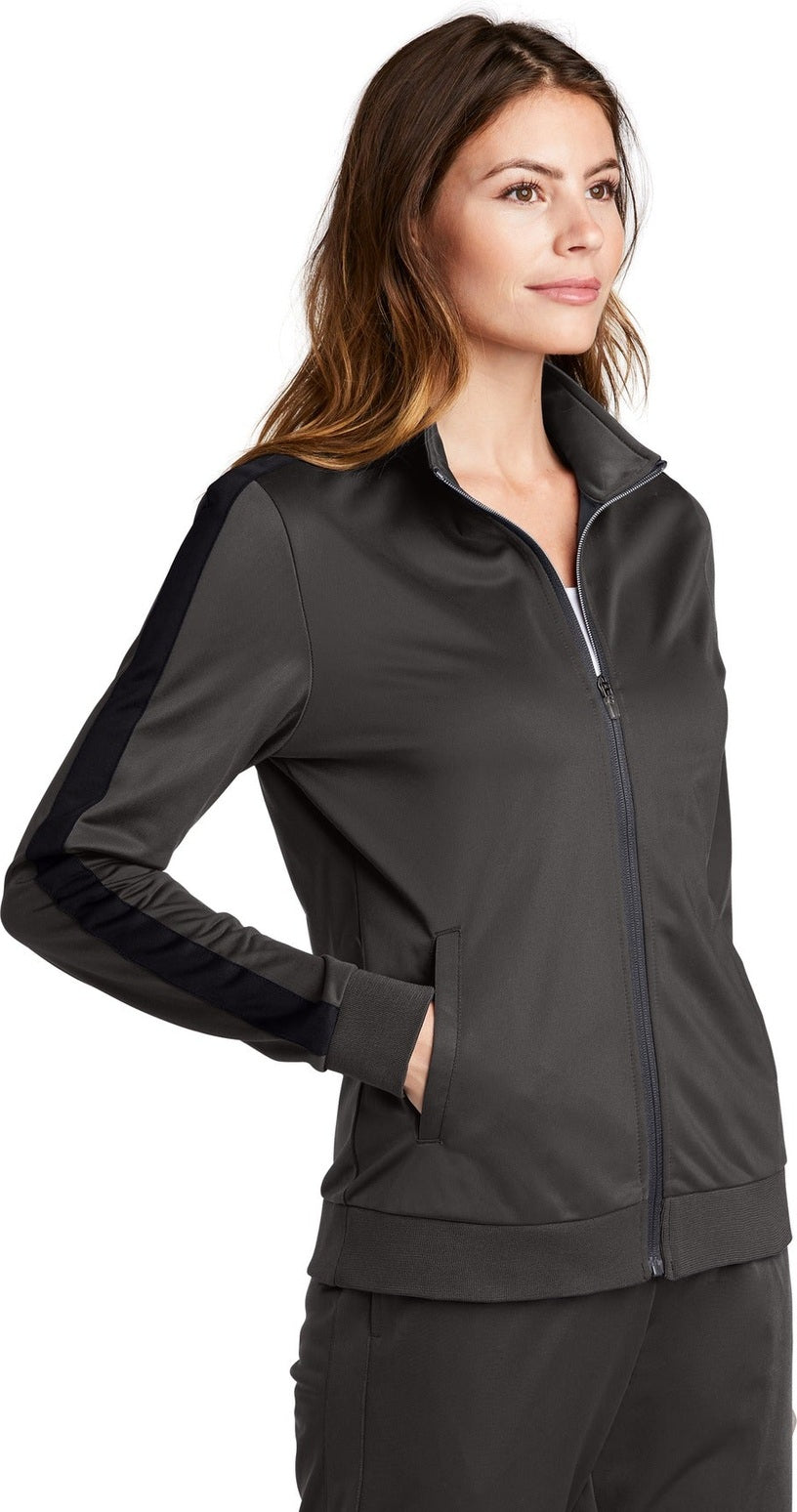 Graph Grey/Blk Sport-Tek Ladies Tricot Sleeve Stripe Track Jacket. LST94