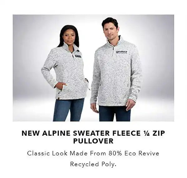 A gray speckled 1/4 zip pullover sweater made from 80% recycled polyester.