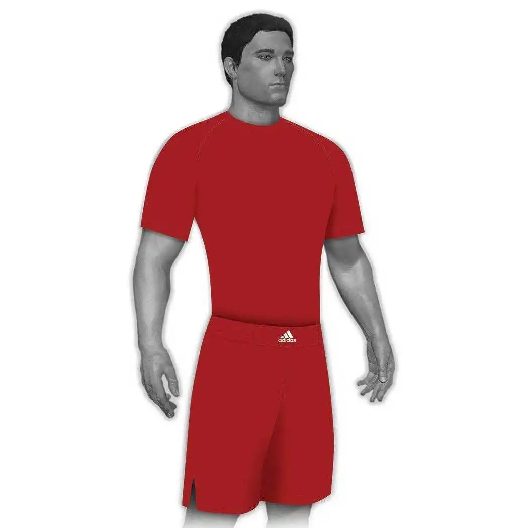 A grayscale male mannequin wearing a red short-sleeved t-shirt and red shorts.