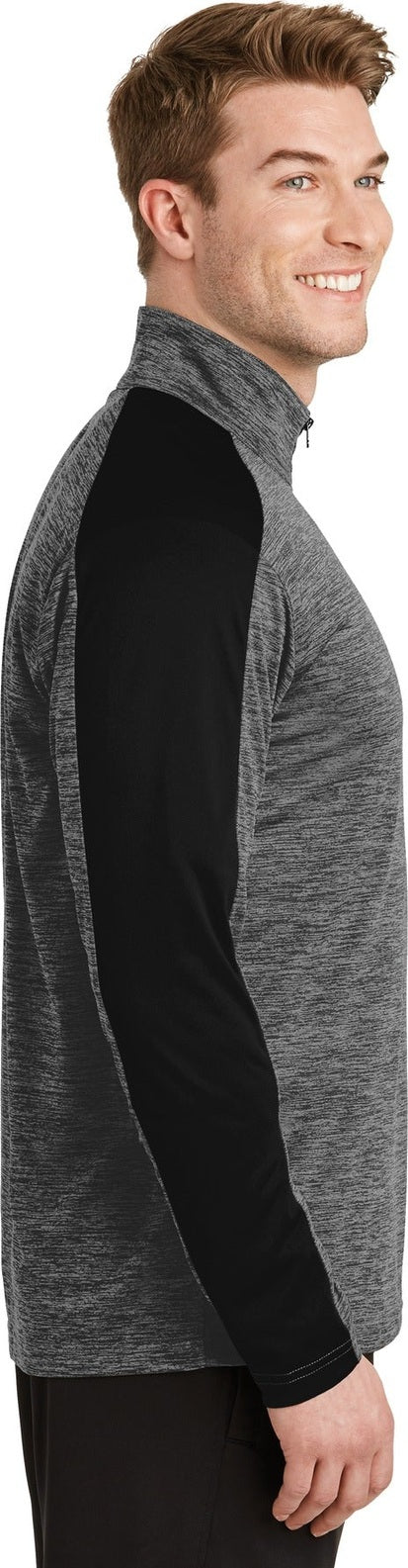 Grey-Blk E/Blk Sport-Tek PosiCharge Electric Heather Colorblock 1/4-Zip Pullover. ST397