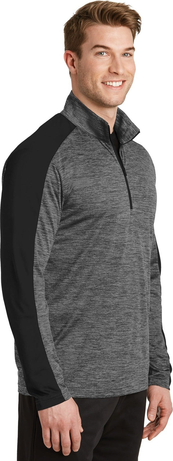 Grey-Blk E/Blk Sport-Tek PosiCharge Electric Heather Colorblock 1/4-Zip Pullover. ST397
