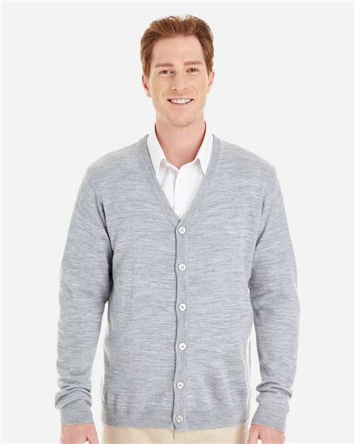 Front View of Grey Heather Men's Pilbloc™ V-Neck Button Cardigan Sweater - M425