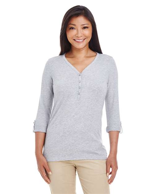 Front View of Grey Heather Women's Perfect Fit™ Y-Placket Convertible Sleeve Knit Top - DP186W