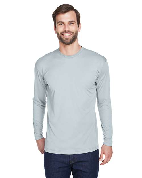Front View of Grey Men's Cool & Dry Sport Long Sleeve Performance Interlock T-Shirt - 8422