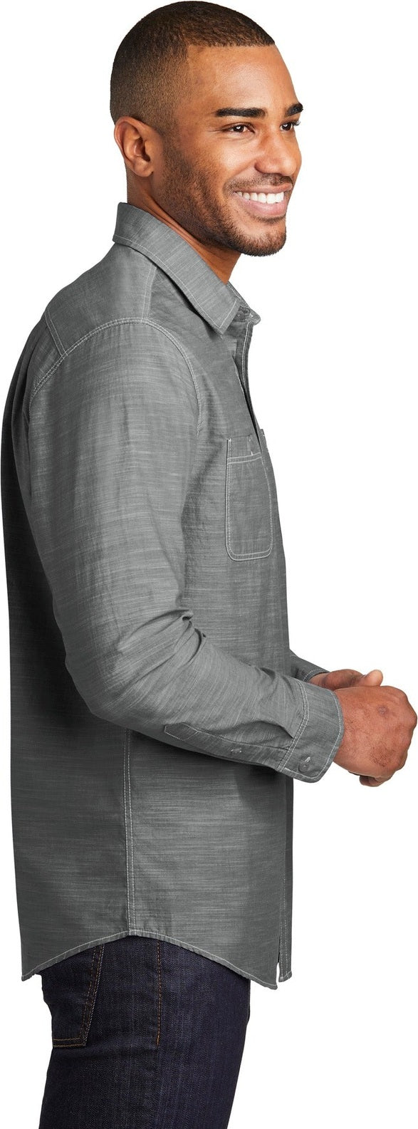 Grey Port Authority Slub Chambray Shirt. W380