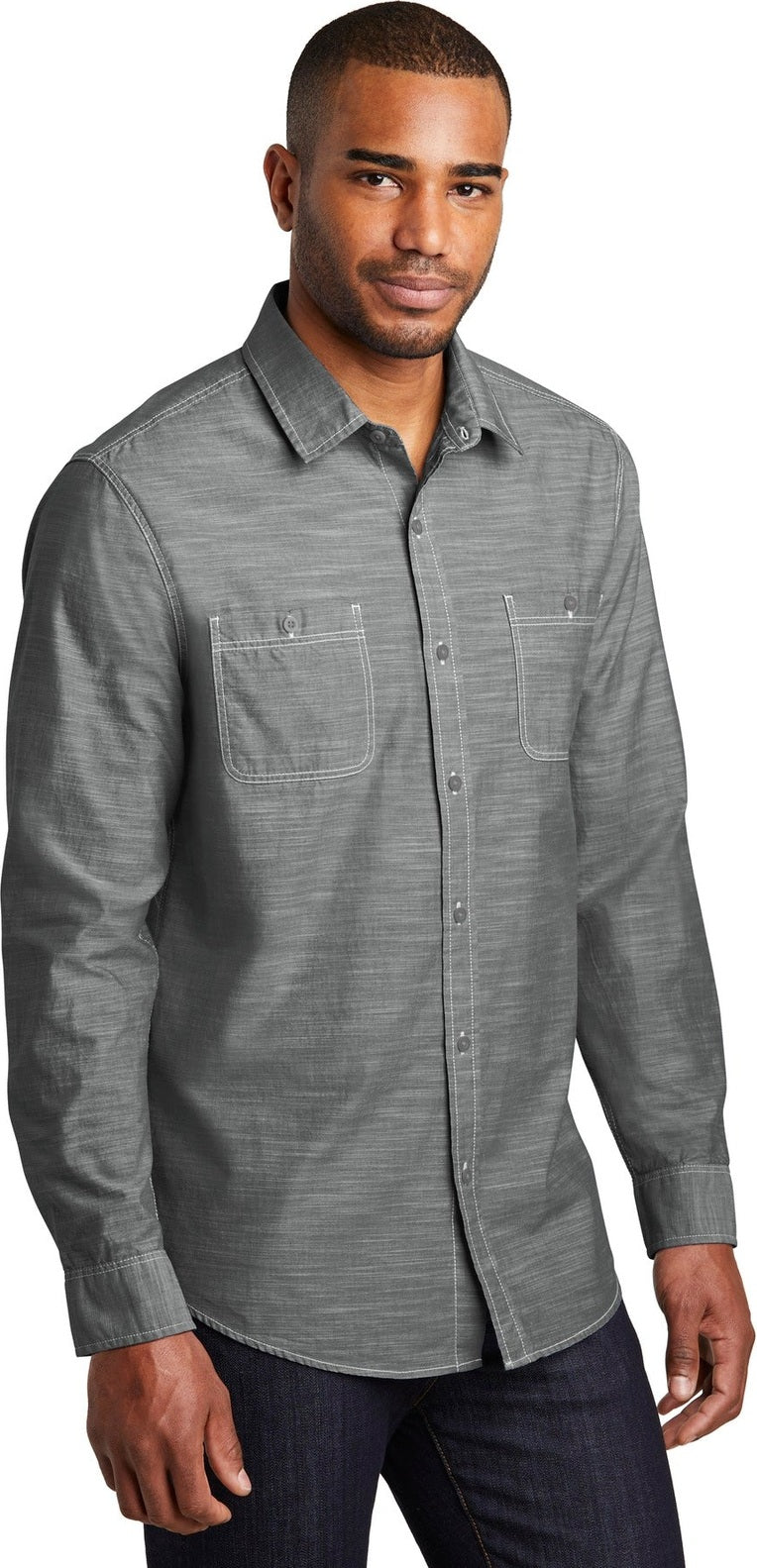 Grey Port Authority Slub Chambray Shirt. W380