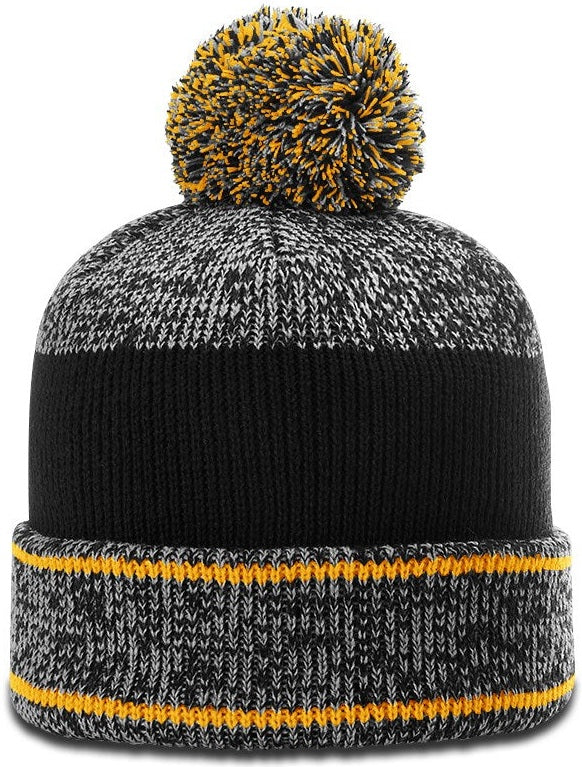 Grey/Gold/Black Heather Beanie with Cuff & Pom