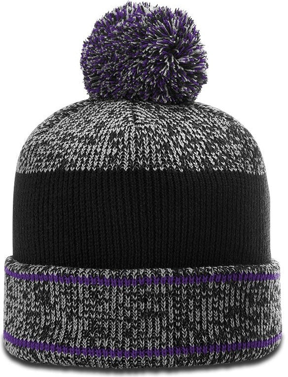 Grey/Purple/Black Heather Beanie with Cuff & Pom