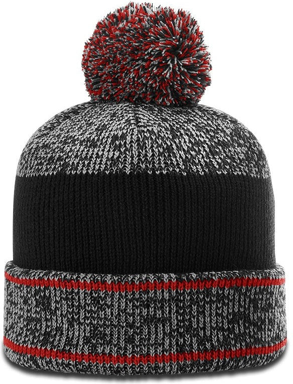 Grey/Red/Black Heather Beanie with Cuff & Pom