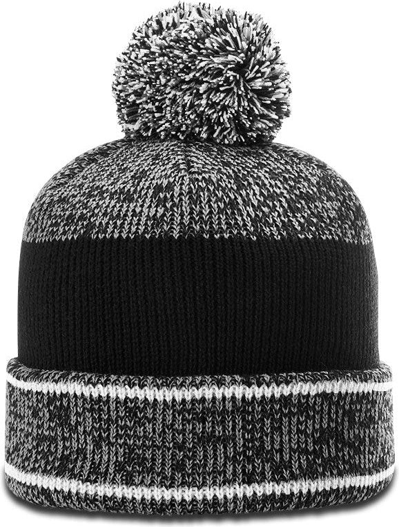 Grey/White/Black Heather Beanie with Cuff & Pom