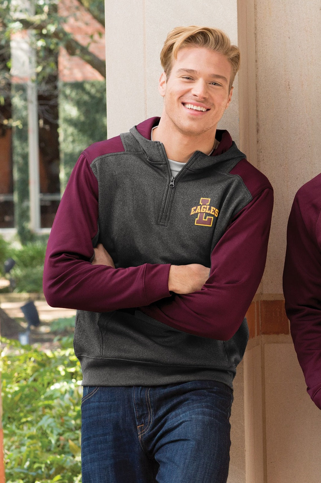 Grph Hea/Black Sport-Tek Tech Fleece Colorblock 1/4-Zip Hooded Sweatshirt. ST249