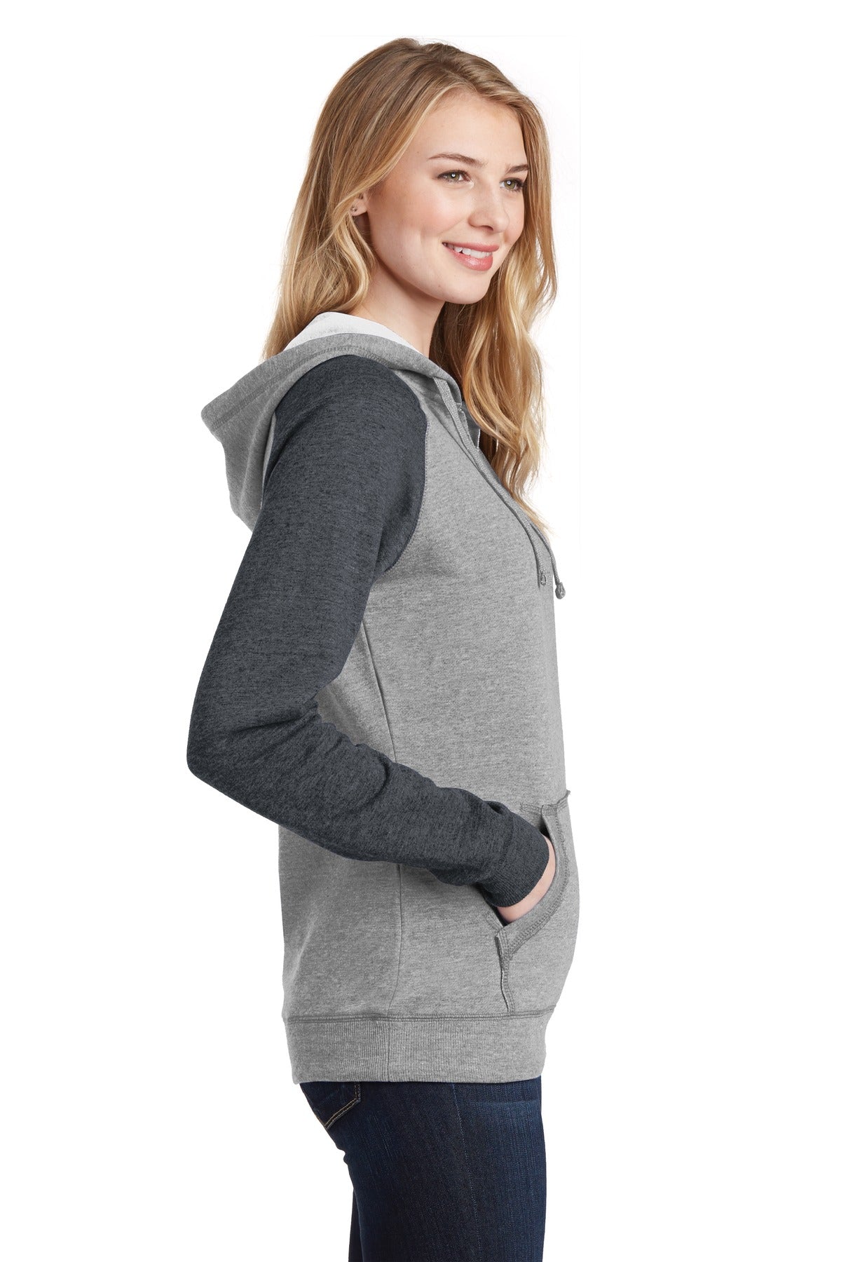 H Grey/H Char District Women's Lightweight Fleece Raglan Hoodie. DT296