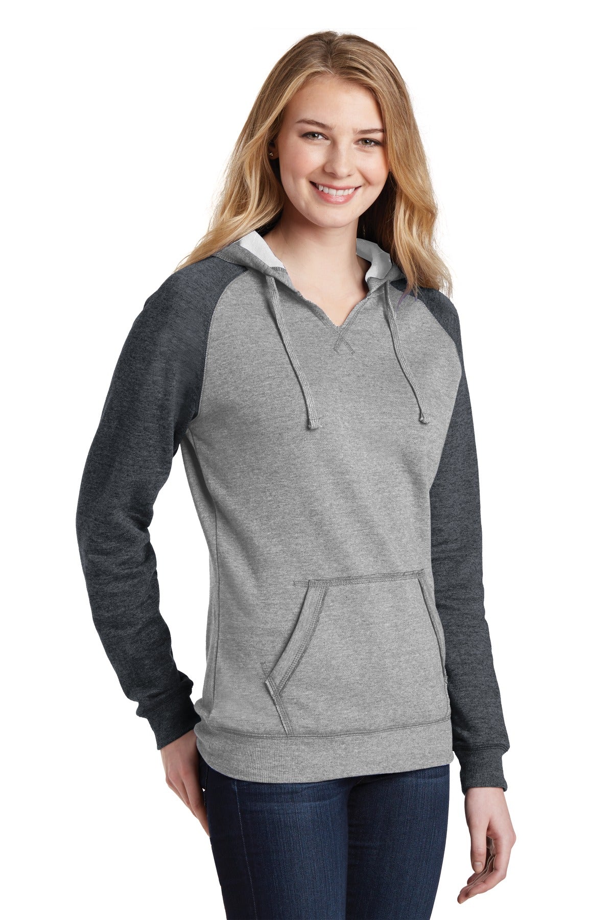 H Grey/H Char District Women's Lightweight Fleece Raglan Hoodie. DT296