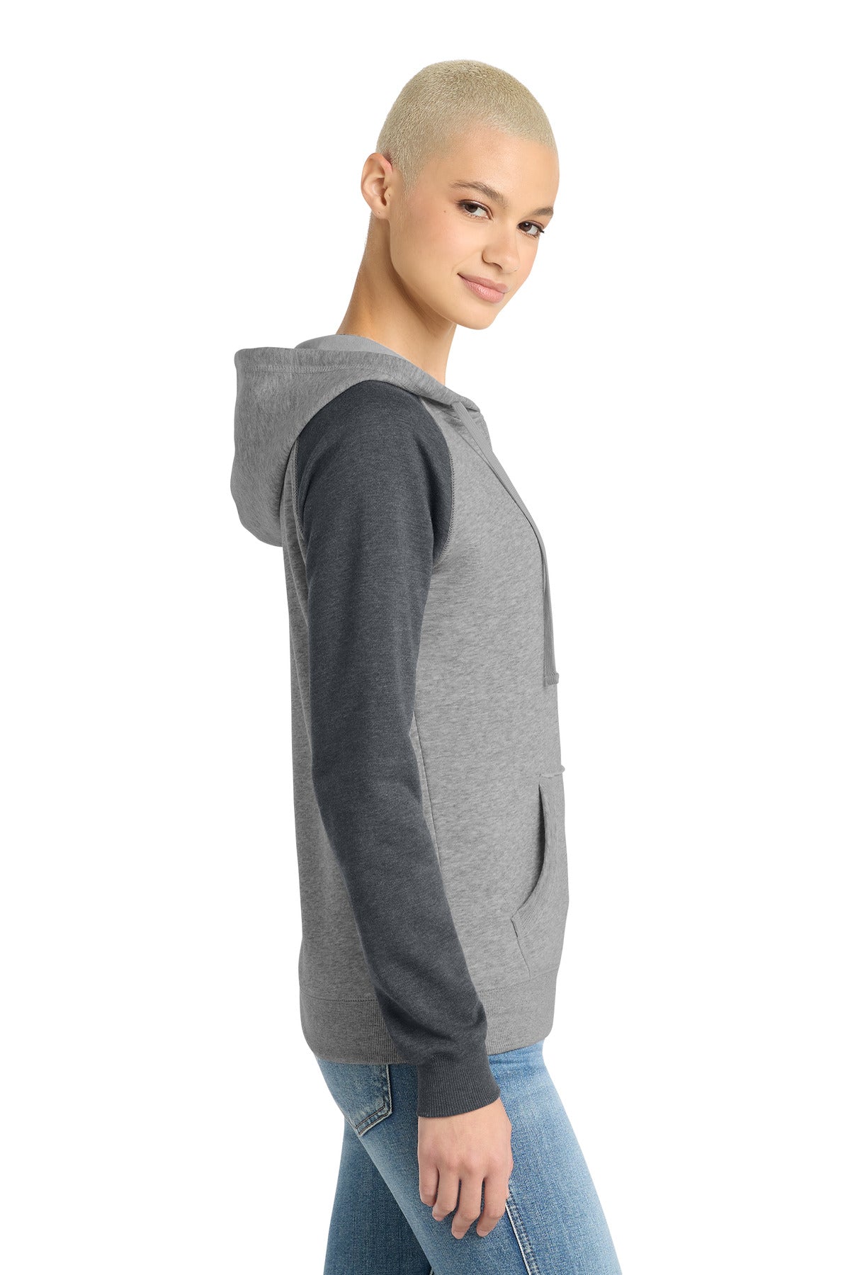 H Grey/H Char District Women's Lightweight Fleece Raglan Hoodie. DT296