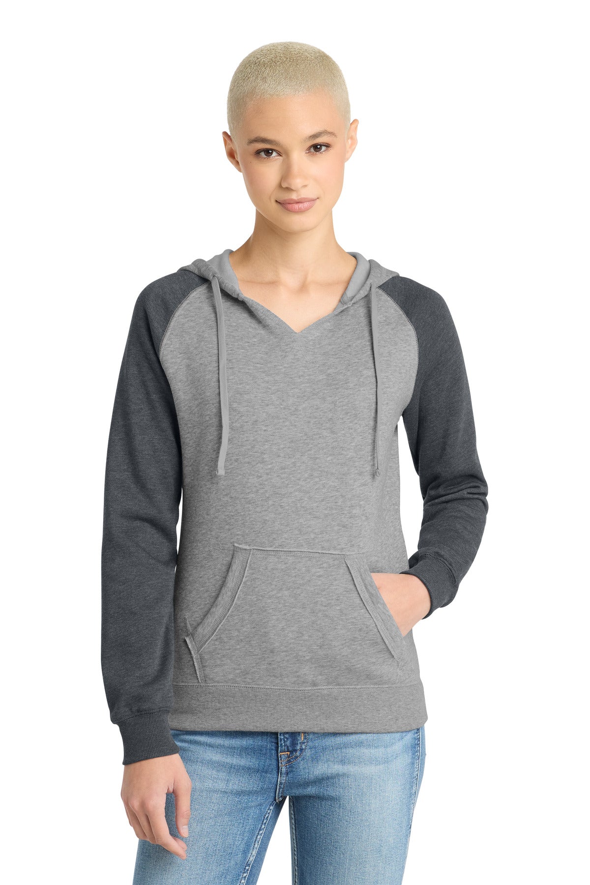 H Grey/H Char District Women's Lightweight Fleece Raglan Hoodie. DT296