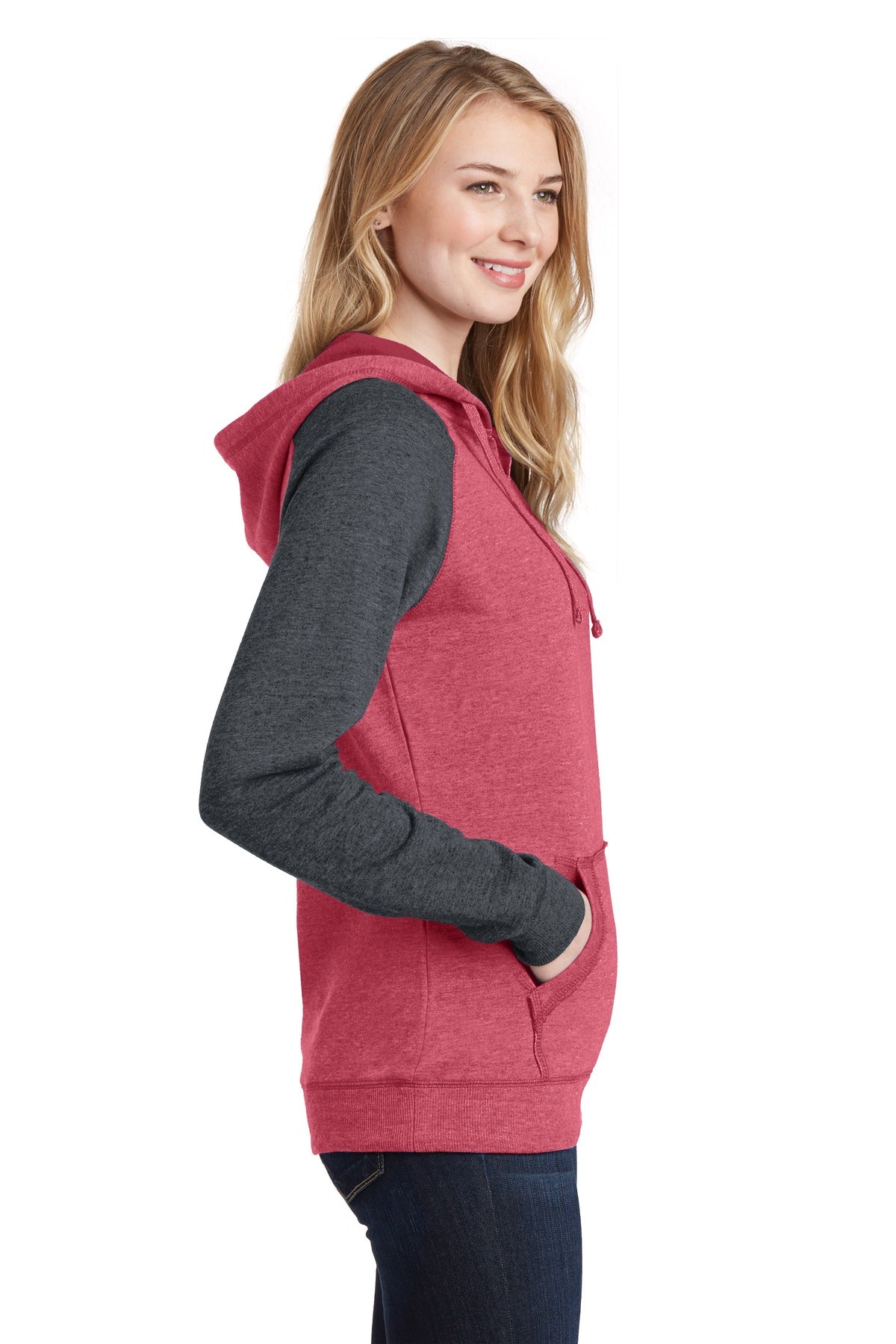 H Red/H Char District Women's Lightweight Fleece Raglan Hoodie. DT296
