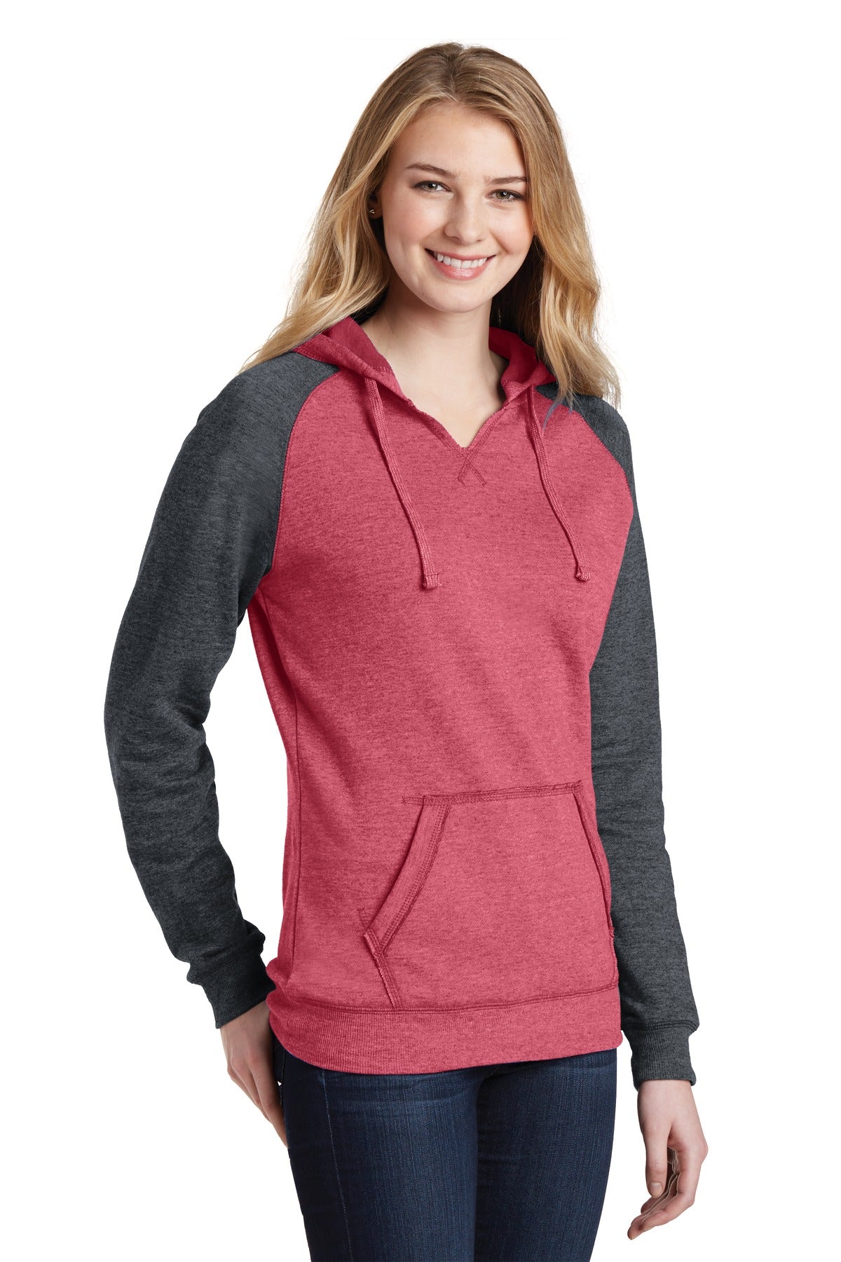 H Red/H Char District Women's Lightweight Fleece Raglan Hoodie. DT296