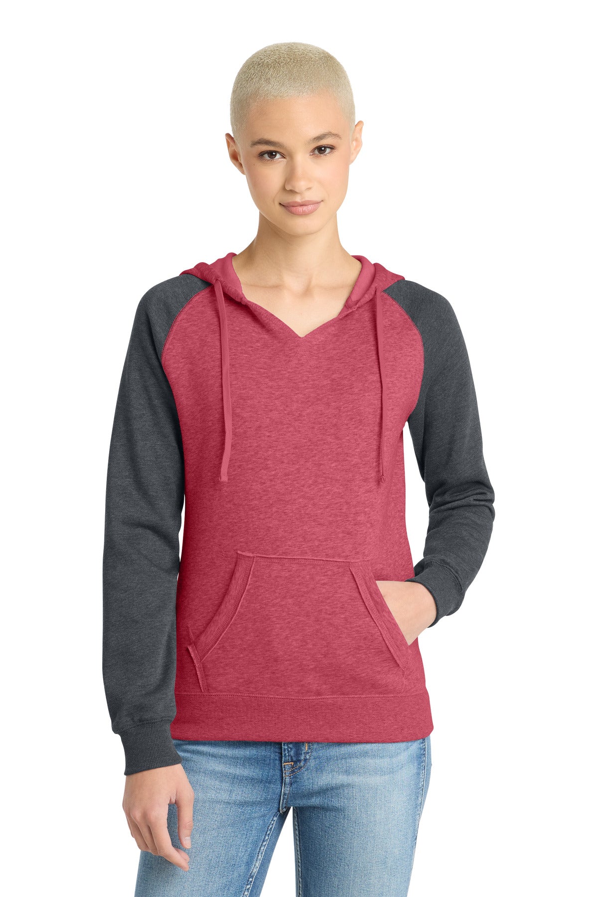 H Red/H Char District Women's Lightweight Fleece Raglan Hoodie. DT296