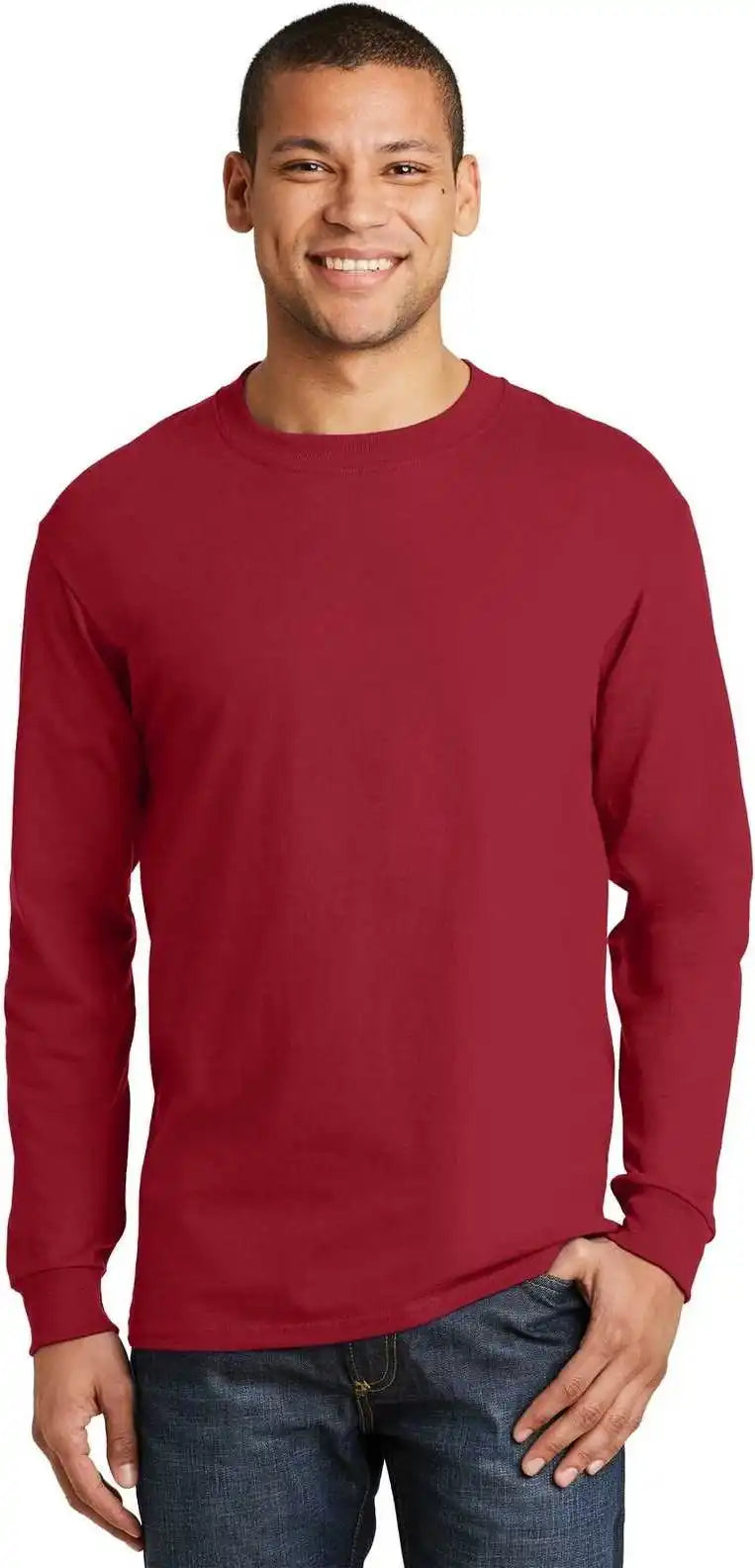 Hanes 5186 Beefy t 100% Cotton Long Sleeve Shirt Deep Red