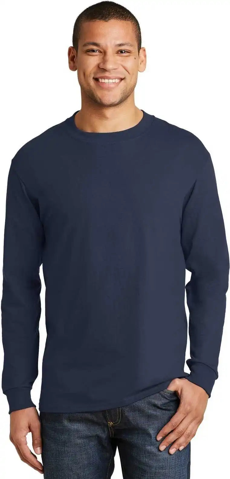 Hanes 5186 Beefy t 100% Cotton Long Sleeve Shirt Navy