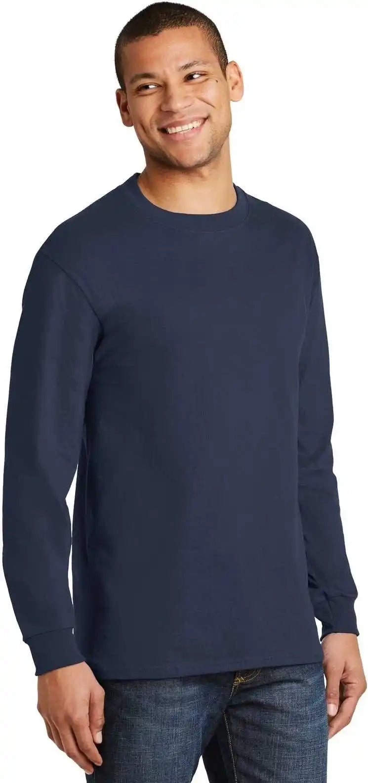 Hanes 5186 Beefy t 100% Cotton Long Sleeve Shirt Navy