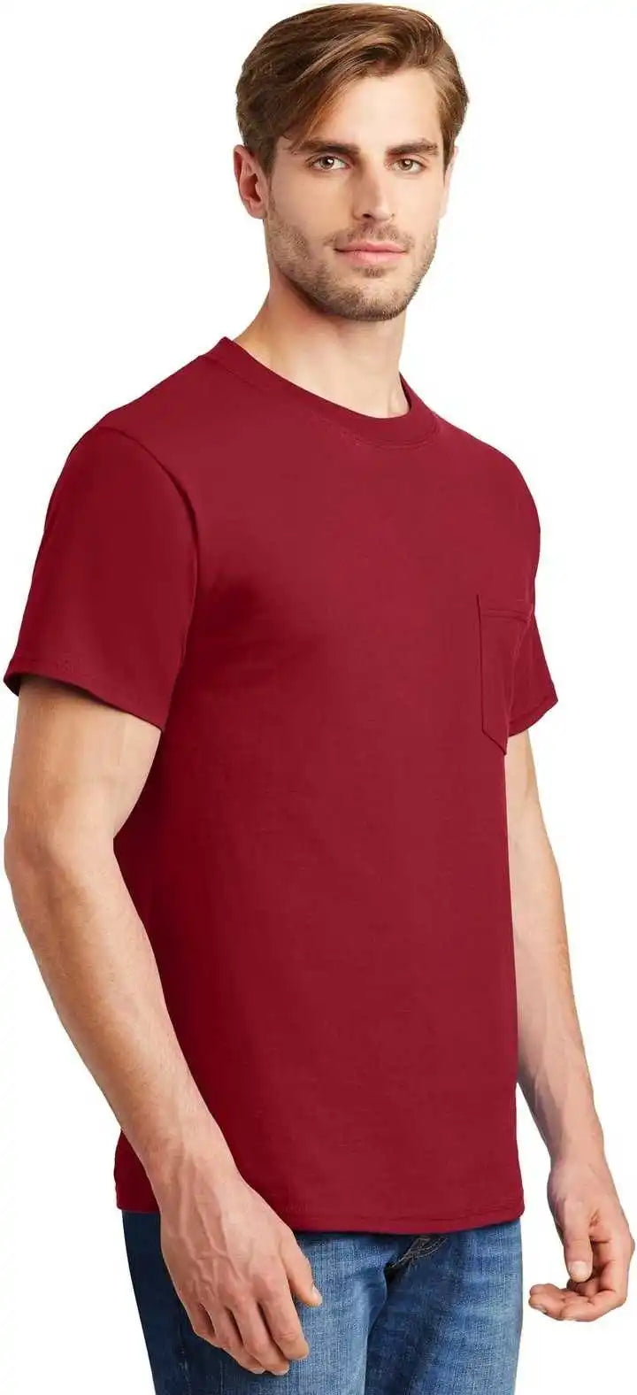 Hanes 5190 Beefy t 100% Cotton Shirt with Pocket Deep Red