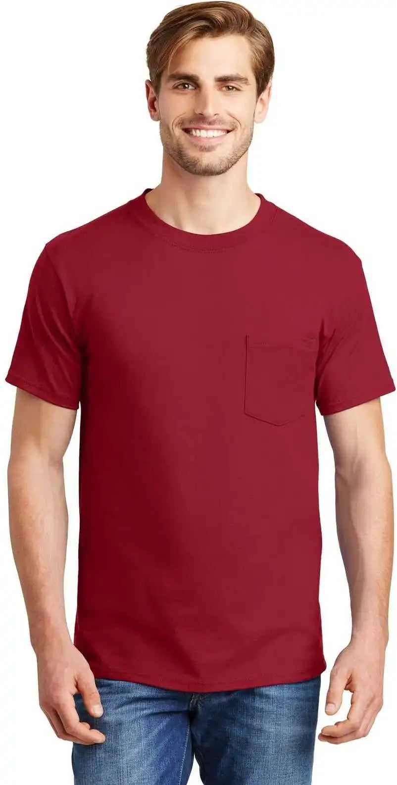 Hanes 5190 Beefy t 100% Cotton Shirt with Pocket Deep Red