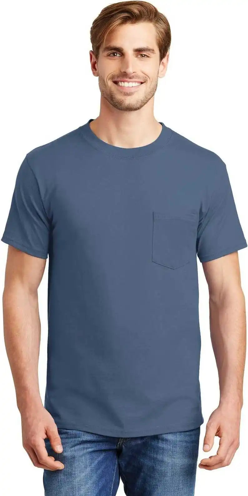 Hanes 5190 Beefy-t 100% Cotton T-shirt with Pocket - Denim Blue