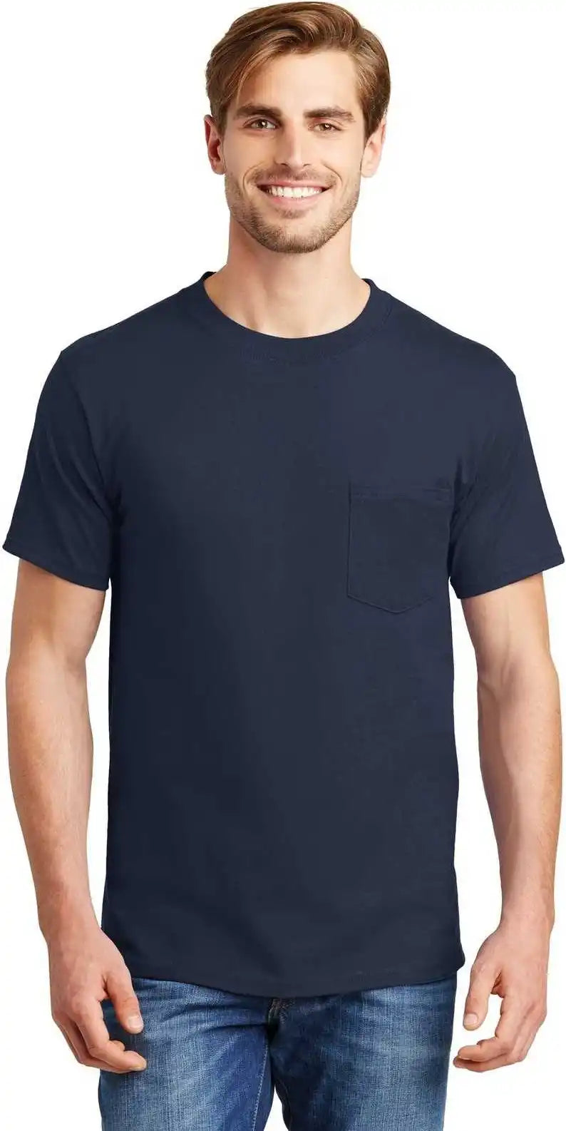 Hanes 5190 Beefy t 100% Cotton Shirt with Pocket Navy