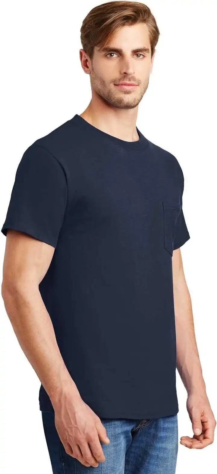 Hanes 5190 Beefy t 100% Cotton Shirt with Pocket Navy